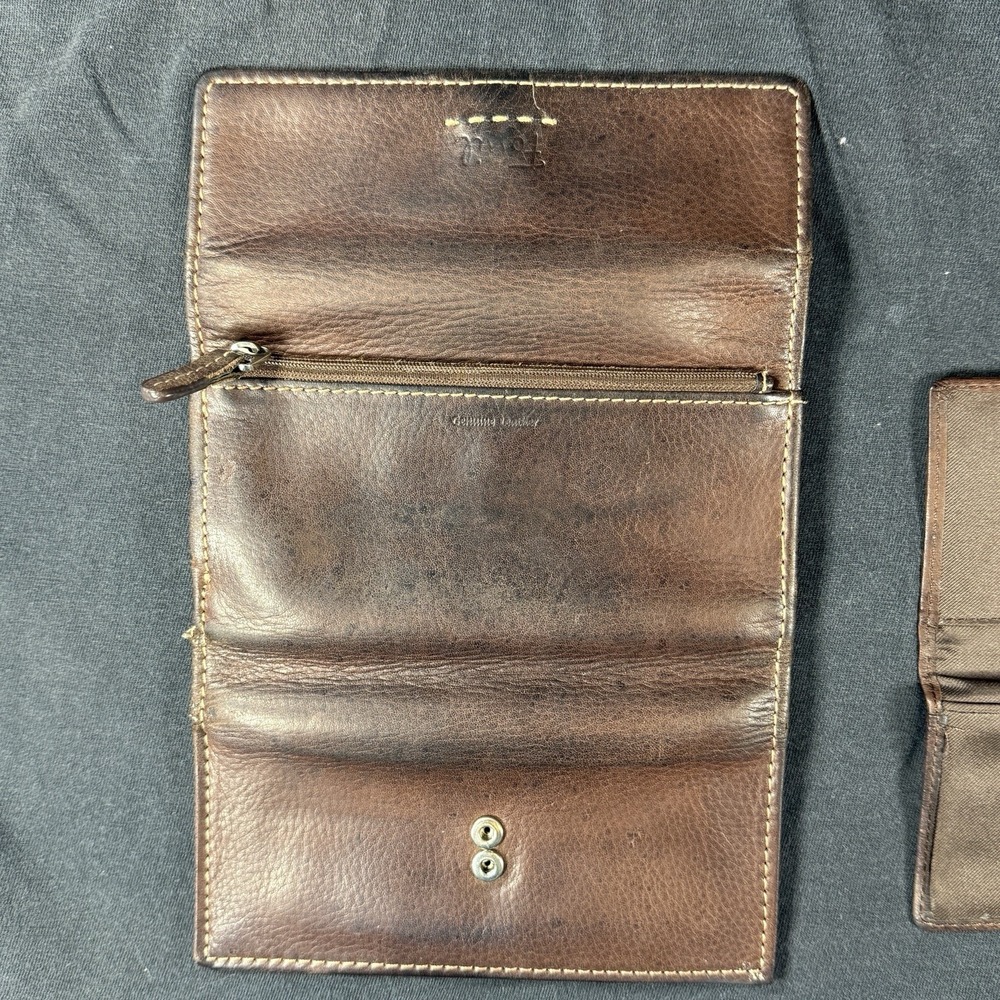 Fossil Trifold Wallet Snap Closure Organizer Brown‎ Leather Zippered Pocket - Picture 5 of 7